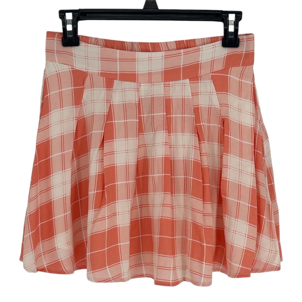 Promesa Orange White Plaid Mini Skirt Pleated Rayon Womens Medium